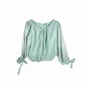 Cynthia Collection Mint Green Pink Polka Dot Lined Tie Sleeve Blouse